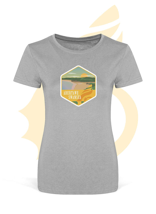 Wales Coast Path womens organic cotton fitted t-shirt with Swansea design.