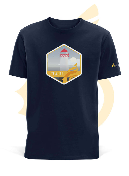 Wales Coast Path navy organic cotton t-shirt with Talacre design.