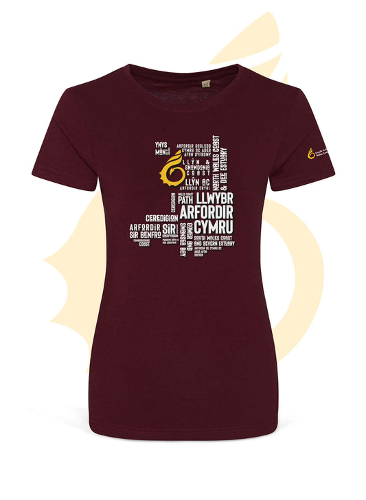 Burgundy fitted t-shirt featuring place names from the Wales Coast Path.