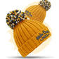 Embroidered mustard yellow Wales Coast Path chunky knitted beanie with cuffed design and multi-coloured pom pom.